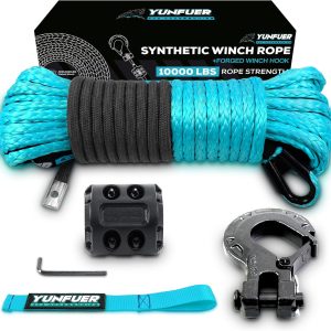 YUNFUER 1/4-inch x 50ft blue synthetic winch rope kit with protective sleeve, forged hook, rubber stopper, and safety pull strap for ATV and UTV