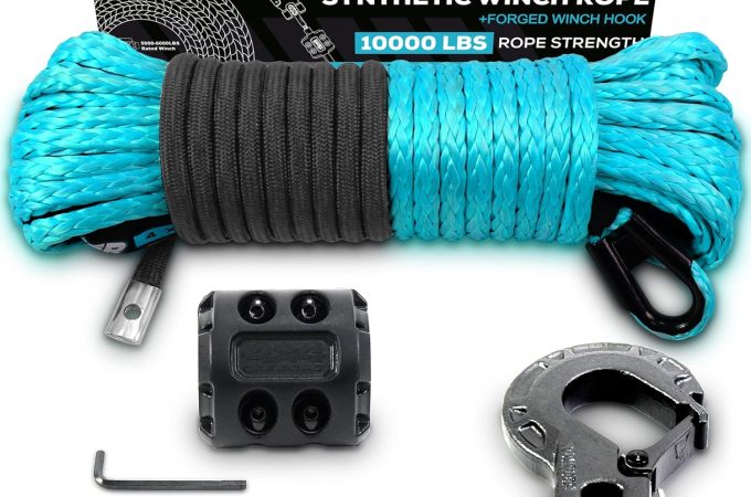 YUNFUER 1/4-inch x 50ft blue synthetic winch rope kit with protective sleeve, forged hook, rubber stopper, and safety pull strap for ATV and UTV