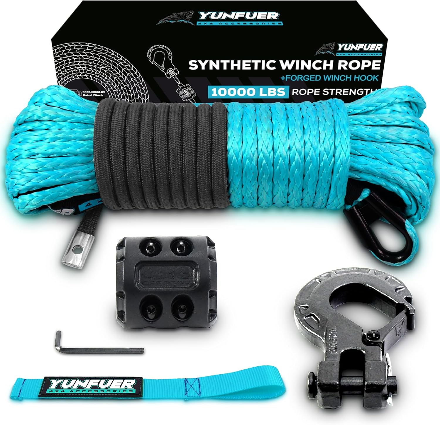YUNFUER 1/4-inch x 50ft blue synthetic winch rope kit with protective sleeve, forged hook, rubber stopper, and safety pull strap for ATV and UTV