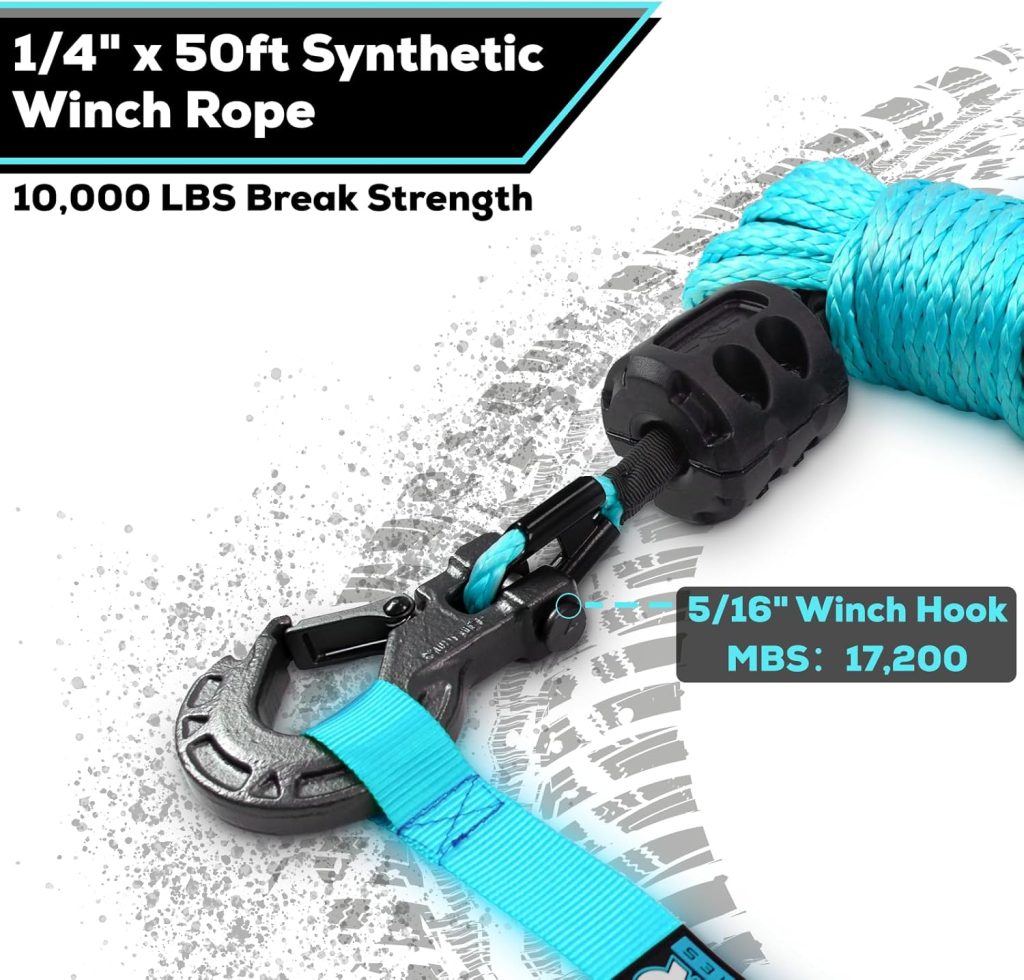 YUNFUER 1/4-inch by 50-foot blue synthetic winch rope kit with protective sleeve, forged winch hook, rubber stopper, and safety pull strap for ATV and UTV use