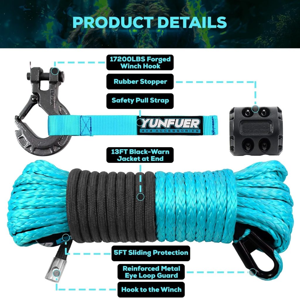 YUNFUER 1/4 inch by 50 feet blue synthetic winch rope kit with protective sleeve, forged hook, rubber stopper, and pull strap