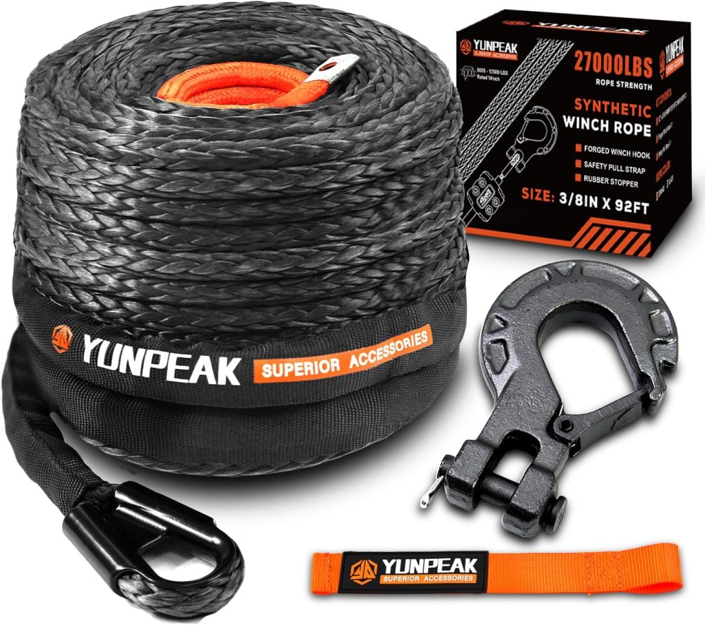 YUNPEAK 3/8" x 92ft synthetic winch rope kit with protective sleeve, heavy-duty hook, and safety pull strap for off-road vehicles, SUVs, and Jeeps