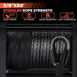 YUNPEAK 3/8" x 92ft synthetic winch rope kit with protective sleeve, heavy-duty hook, and safety pull strap for off-road recovery