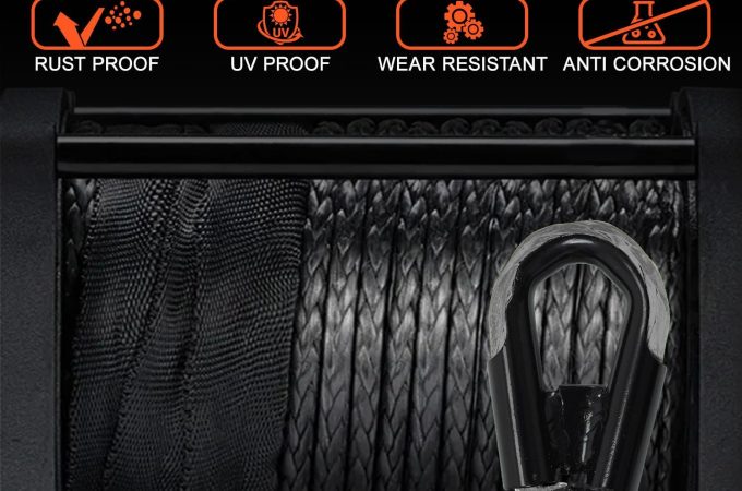 YUNPEAK 3/8" x 92ft synthetic winch rope kit with protective sleeve, heavy-duty hook, and safety pull strap for off-road recovery