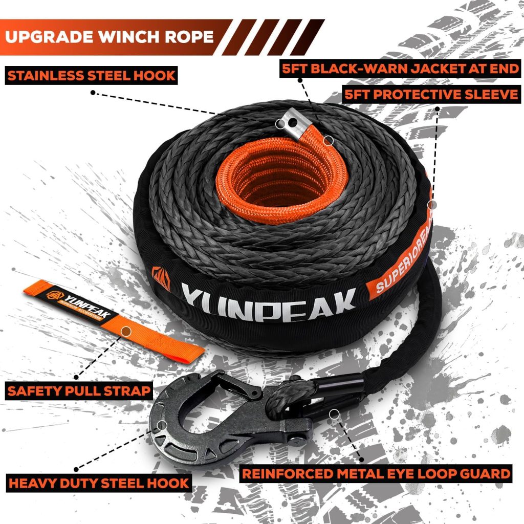 YUNPEAK 3/8" x 92ft synthetic winch rope kit, includes protective sleeve, heavy-duty hook, and safety pull strap for off-road use