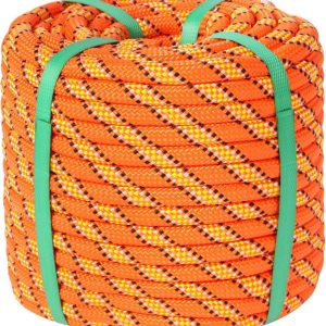 Orange arborist bull rope, 1/2 inch by 150 ft, made of 48-strand durable polyester.