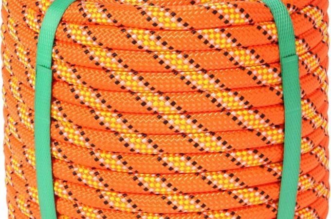 Orange arborist bull rope, 1/2 inch by 150 ft, made of 48-strand durable polyester.