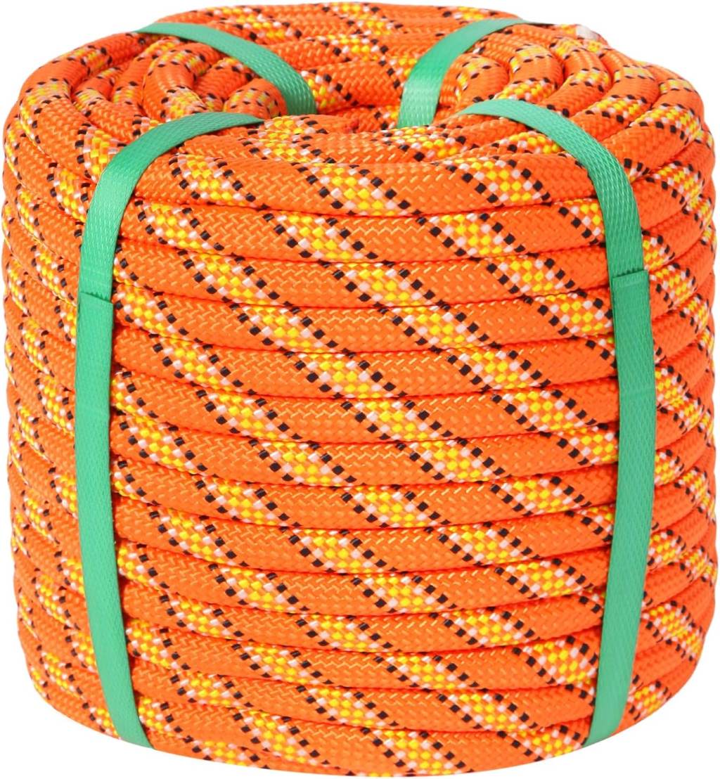 Orange arborist bull rope, 1/2 inch by 150 ft, made of 48-strand durable polyester.
