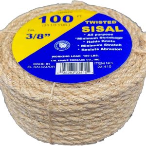 Durable natural fiber sisal rope, 100ft length by T.W. Evans Cordage