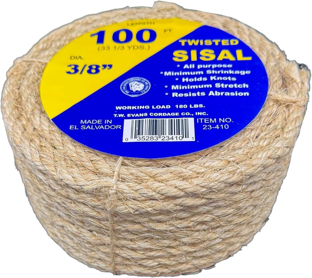 Durable natural fiber sisal rope, 100ft length by T.W. Evans Cordage