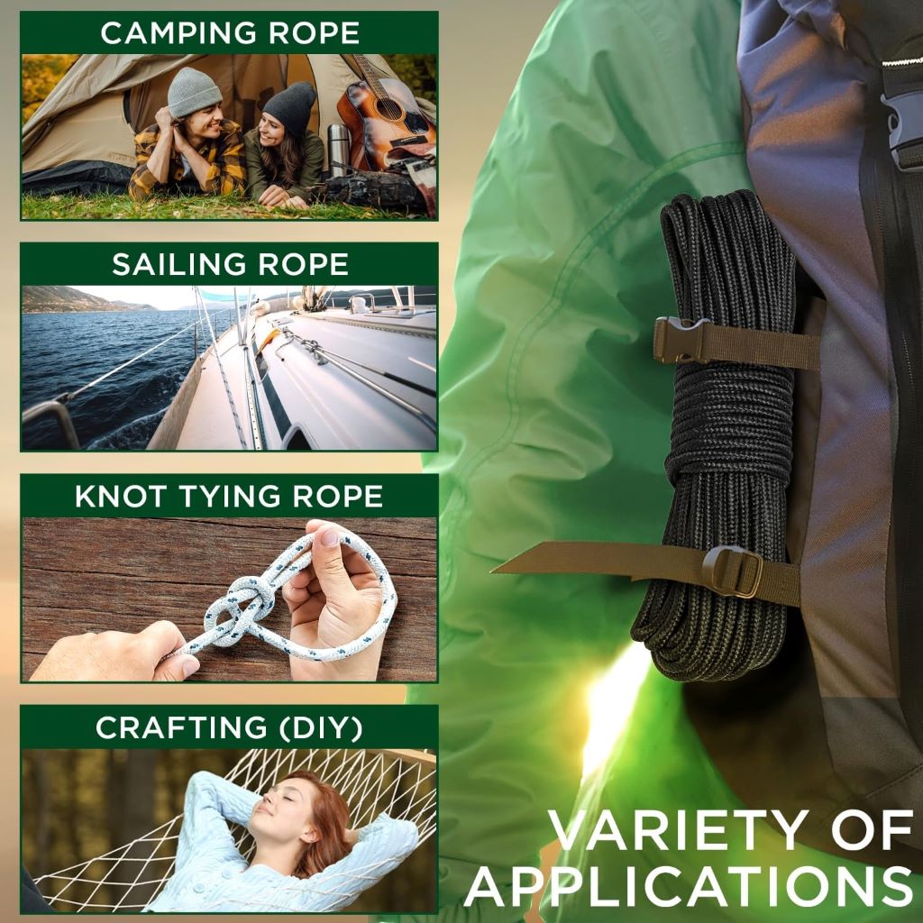 Black TECEUM utility rope coiled, 1000lb strength for camping, crafting, and flagpoles