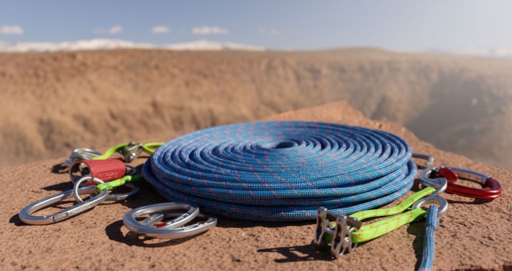 Climber scaling granite face with dynamic kernmantle rope, highlighting braided sheath and vibrant color stripe