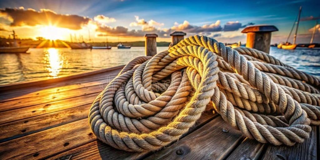 Heavy-duty shipping ropes coiled neatly on a dock, showcasing their strength and durability in maritime transport