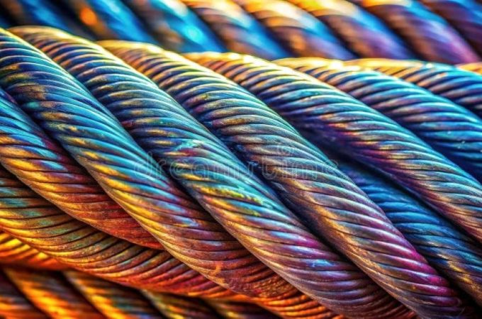Close-up of a heavy-duty industrial rope supporting a load, highlighting strength and durability in workplace operations