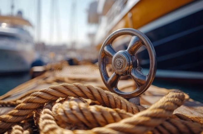 Thick maritime ropes securing a docked ship, highlighting safety and stability in maritime operations