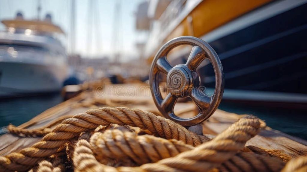 Thick maritime ropes securing a docked ship, highlighting safety and stability in maritime operations