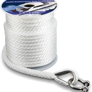 PropelTech white braided anchor rope with stainless steel thimble and shackle for boats.