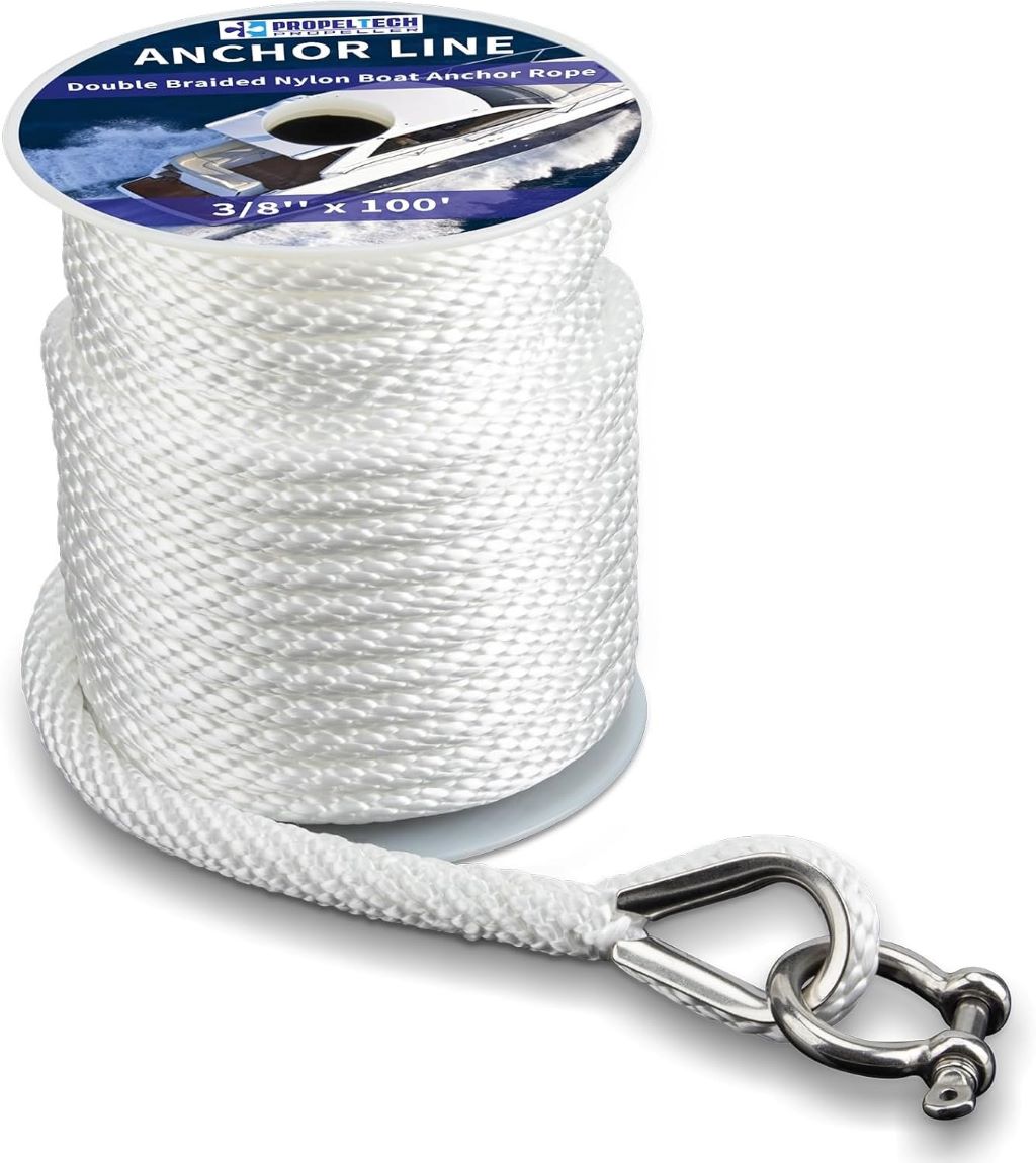 PropelTech white braided anchor rope with stainless steel thimble and shackle for boats.