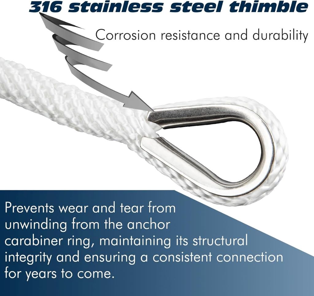 High-quality PropelTech solid braid rope for boating, includes thimble and shackle.