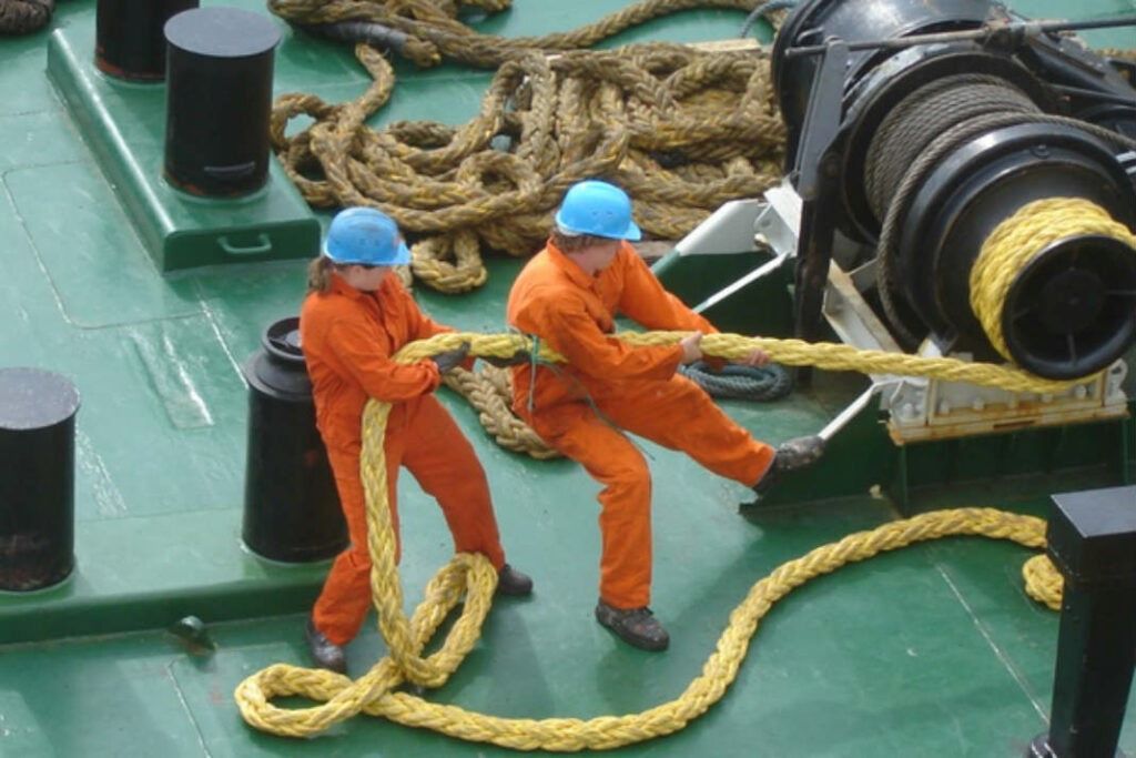 Worn ship ropes with visible wear and tear, ready for maintenance.