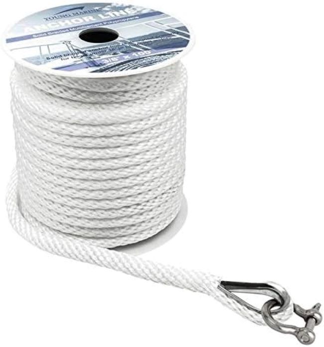YOUNG MARINE 3/8 inch braided anchor rope coiled with thimble, 50ft to 150ft lengths