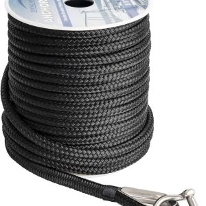 Young Marine 3/8 inch black nylon anchor rope, double braided, 100ft and 150ft with thimble