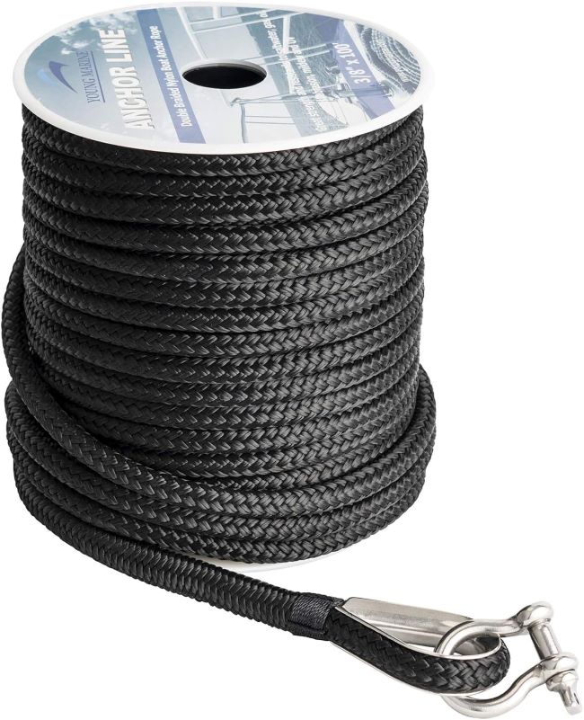 Young Marine 3/8 inch black nylon anchor rope, double braided, 100ft and 150ft with thimble