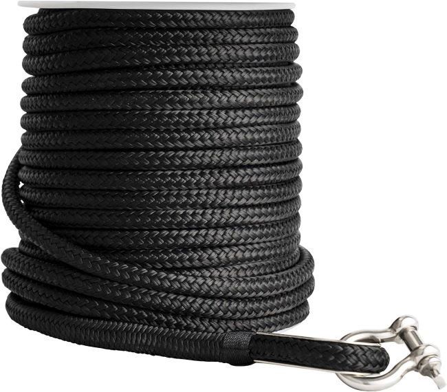 100ft & 150ft Young Marine black nylon anchor rope, double braided, with thimble for secure anchoring