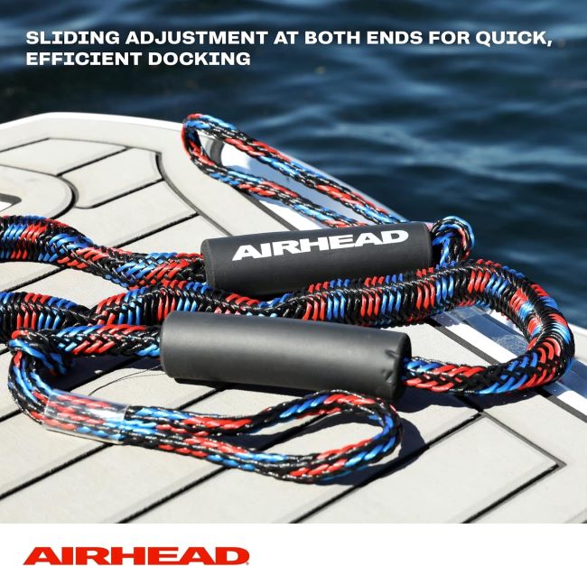Close-up of Airhead AHDL-4 bungee dockline in use on watercraft