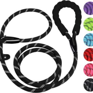 BOOEUDI 6FT black heavy-duty dog leash with padded handle and reflective threads