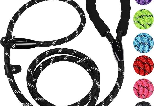 BOOEUDI 6FT black heavy-duty dog leash with padded handle and reflective threads