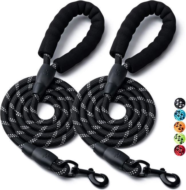 BOOMIBOO 2-pack dog leashes in black with padded handle and reflective stitching