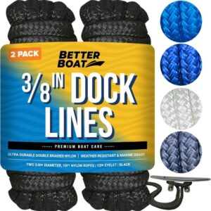 Better Boat Dock Lines 3/8 inch double braided nylon rope 15ft, 2-pack in black for docking boats.