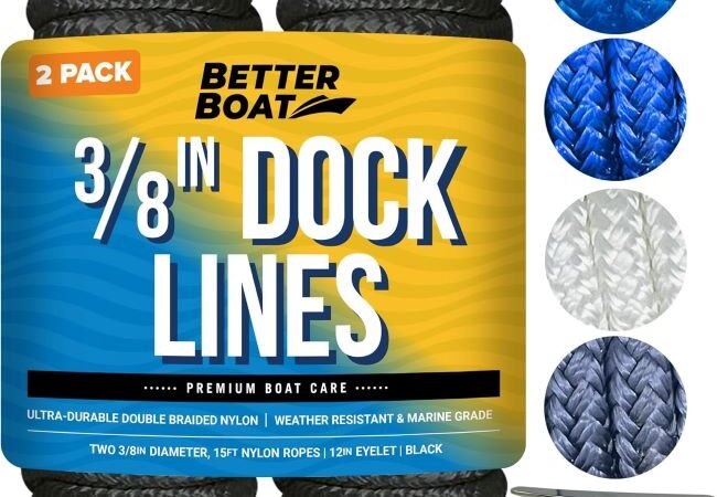 Better Boat Dock Lines 3/8 inch double braided nylon rope 15ft, 2-pack in black for docking boats.