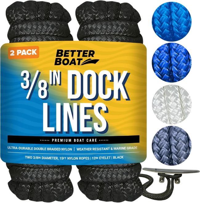 Better Boat Dock Lines 3/8 inch double braided nylon rope 15ft, 2-pack in black for docking boats.