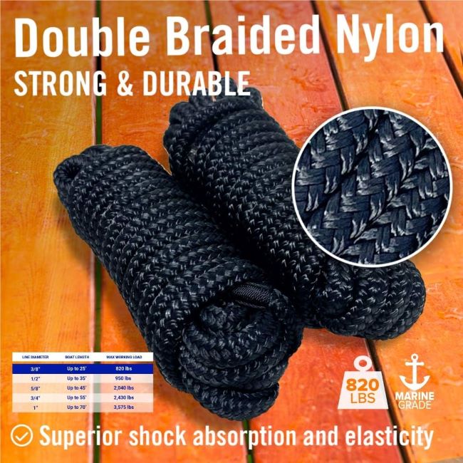 Durable 15ft nylon dock ropes, 3/8 inch, double braided, Better Boat Dock Lines 2-pack.
