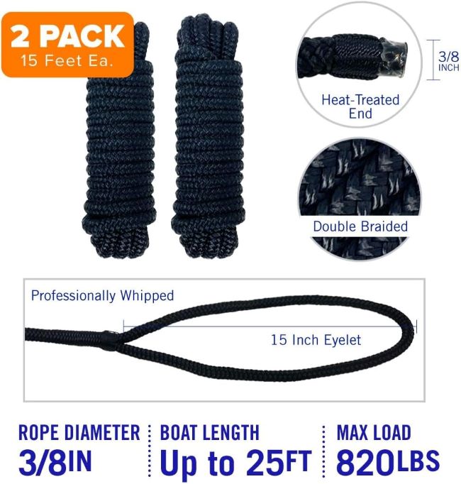 Black marine mooring ropes 3/8 inch, 15ft, double braided, Better Boat Dock Lines 2-pack.