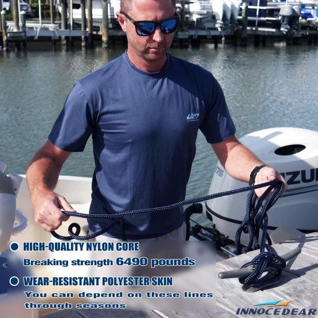 Set of 4 INNOCEDEAR 15-foot marine dock lines, durable nylon boat mooring ropes with 12-inch eyelets.