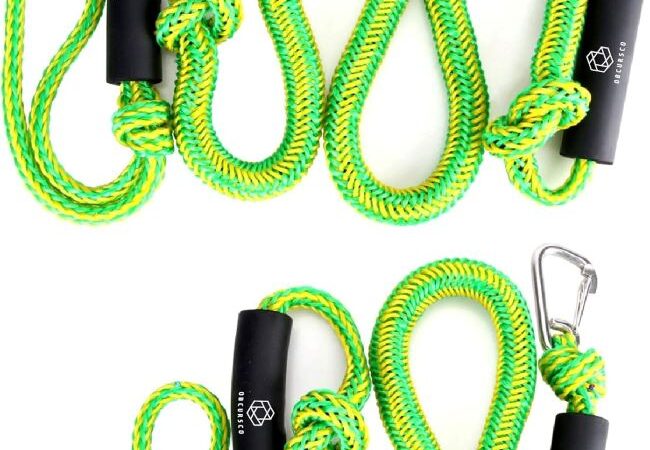 Obcursco green and yellow bungee dock lines with stainless steel clips for boats and jet skis