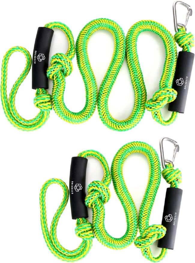 Obcursco green and yellow bungee dock lines with stainless steel clips for boats and jet skis