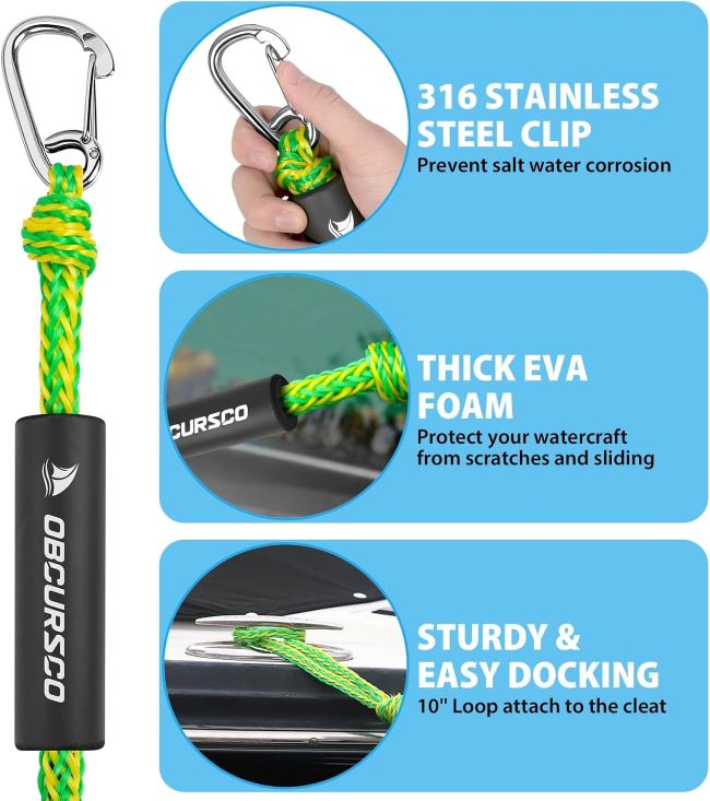 Obcursco bungee docking ropes for PWC, kayak, and pontoon boats in green/yellow