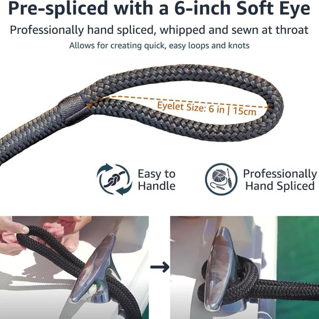 4 pack PACTHSD black double-braided dock lines for secure fender and boat docking