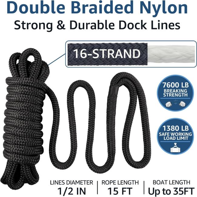 Close-up of durable PACTHSD nylon dock line in use on a marina.