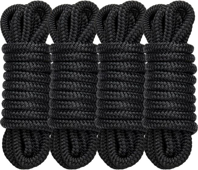 PropelTech 4-pack 1/2 inch x 15’ black marine-grade nylon boat dock lines