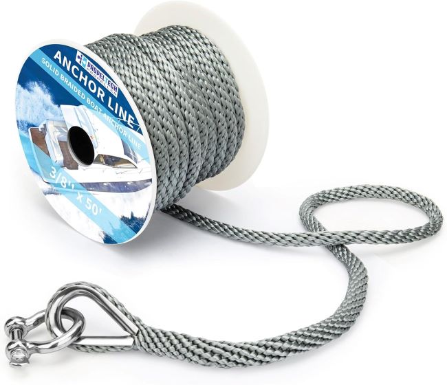 Premium solid braid nylon boat rope with metal thimble and shackle, 50ft length