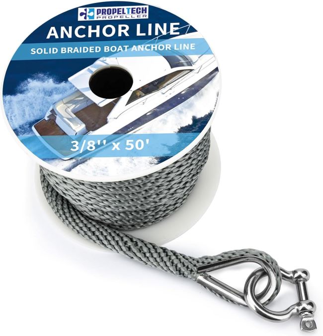 Secure your boat with PropelTech 50ft premium nylon anchor rope, featuring a stainless steel thimble & shackle for reliable marine performance.