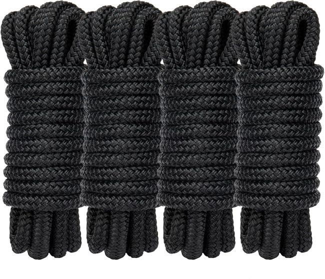 PropelTech 4-pack 3/8 inch x 15 ft black nylon dock lines, pre-spliced for boats and pontoons