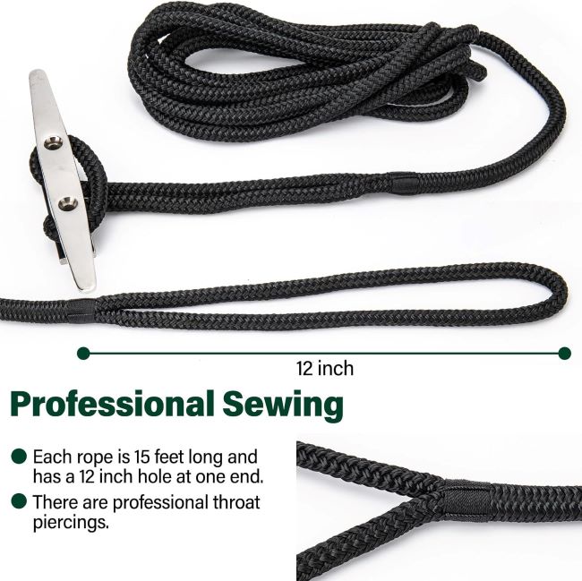 Black pre-spliced 3/8” x 15’ PropelTech dock lines, ideal for marine and boating use, 4-pack