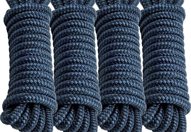 PropelTech 4-pack 15’ navy blue marine-grade nylon dock lines with pre-spliced 12-inch eyelets.