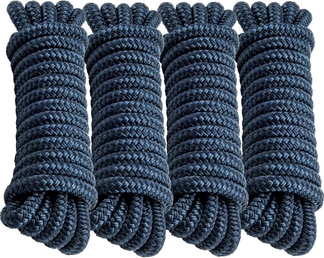 PropelTech 4-pack 15’ navy blue marine-grade nylon dock lines with pre-spliced 12-inch eyelets.